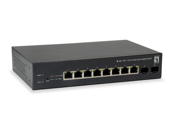 LevelOne GEP-1051 - Kytkin - Smart - 8 x 10/100/1000 (PoE+) + 2 x Gigabit SFP - Pöytäkone, telineeseen asennettava - PoE+ (70 W) (GEP-1051) musta