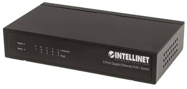 Intellinet Gigabit Ethernet PoE+ -kytkin - Kytkin - 4 x 10/100/1000 (PoE+) + 1 x 10/100/1000 - Pöytäkone - PoE+ (60 W) (561228) musta