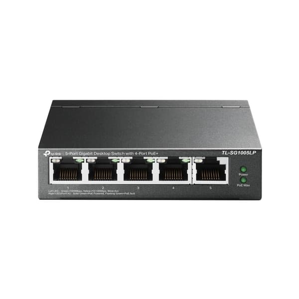 TP-Link TL-SG1005LP - V1 - kytkin - hallitsematon - 5 x 10/100/1000 (4 PoE+) - pöytäkone, seinälle kiinnitettävä - PoE+ (40 W) musta