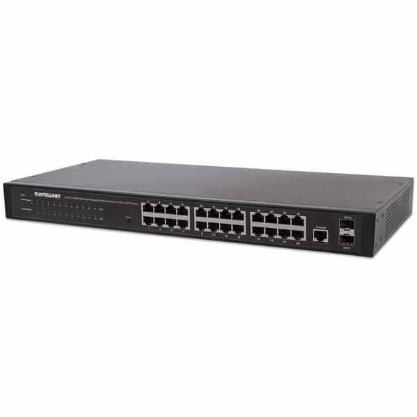 Intellinet 24-porttinen Web-hallittu Gigabit Ethernet -kytkin kahdella SFP-portilla - Kytkin - Hallittu - 24 x 10/100/1000 + 2 x SFP - Pöytäkone, teli musta