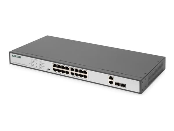 DIGITUS DN-95342-1 - Switch - 19", af/at - ej hanterad - 16 x 10/100 (PoE+) + 2 x combo Gigabit SFP (upplänk) - rackmonterbar - PoE+ (250 W)