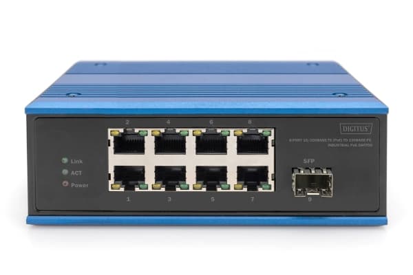 DIGITUS - Switch - industriell - ohanterad - 8 x 10/100 (PoE) + 1 x Fast Ethernet SFP (uplink) - DIN-skenmonterbar - PoE