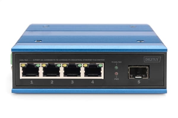 DIGITUS - Switch - industriell - ohanterad - 4 x 10/100 (PoE+) + 1 x Fast Ethernet SFP (uplink) - DIN-skenmonterbar - PoE+