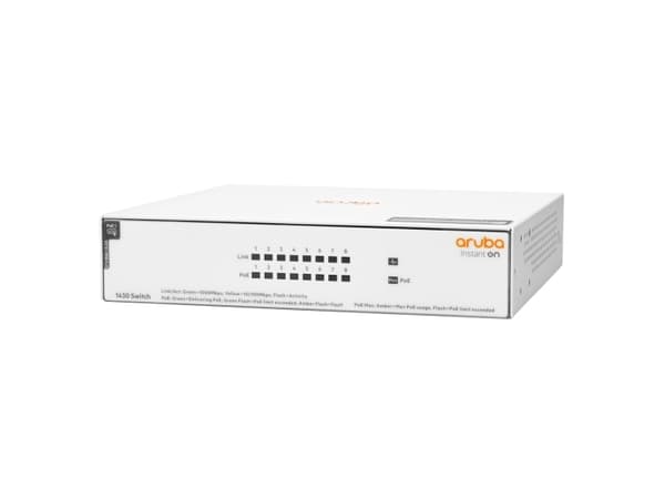 HPE Networking Instant On 1430 8G Class4 PoE 64W Switch - Switch - ohanterad - 8 x 10/100/1000 (PoE Class 4) - skrivbordsmodell, rackmonterbar, väggm
