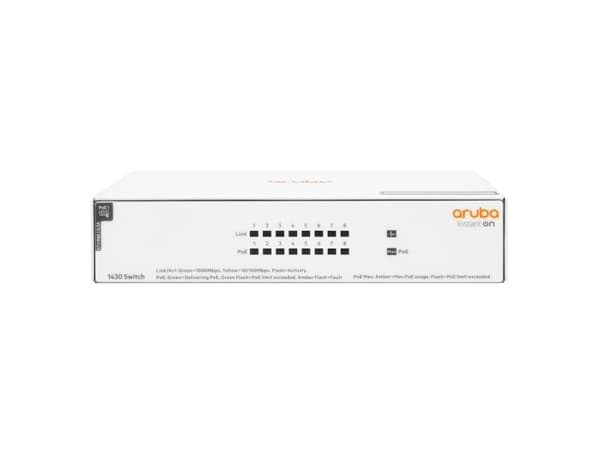 HPE Networking Instant On 1430 8G Class4 PoE 64W Switch - Switch - ohanterad - 8 x 10/100/1000 (PoE Class 4) - skrivbordsmodell, rackmonterbar, väggm