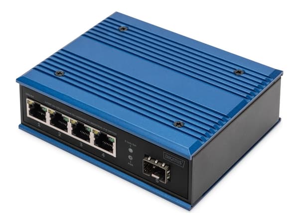 DIGITUS Industrial Ethernet Switch 4-Port 10/100/1000Base-TX DC 48-57V Sort, Blå