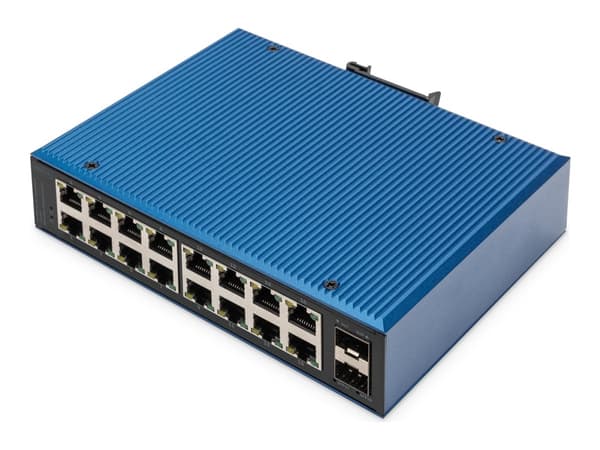 DIGITUS Industrial Ethernet Switch 16-Port 10/100/1000Base-TX + 2G SFP Sort, Blå