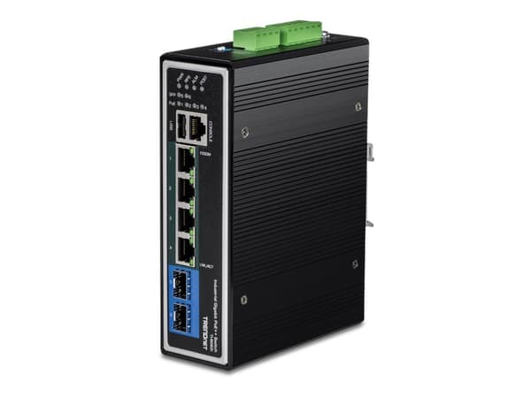 TRENDnet TI-BG62i - Switch - industriell - L2+ - Administrerad - 4 x 10/100/1000 (PoE++) + 2 x Gigabit SFP - DIN-skenmonterbar - PoE++ (360 W) - TAA-