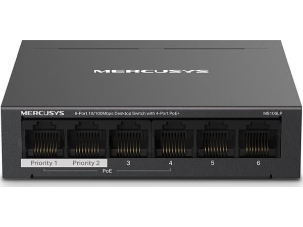 Mercusys MS106LP, hanterad, Fast Ethernet (10/100), Strömförsörjning via Ethernet (PoE) stöd, Monteringsbar på väggen