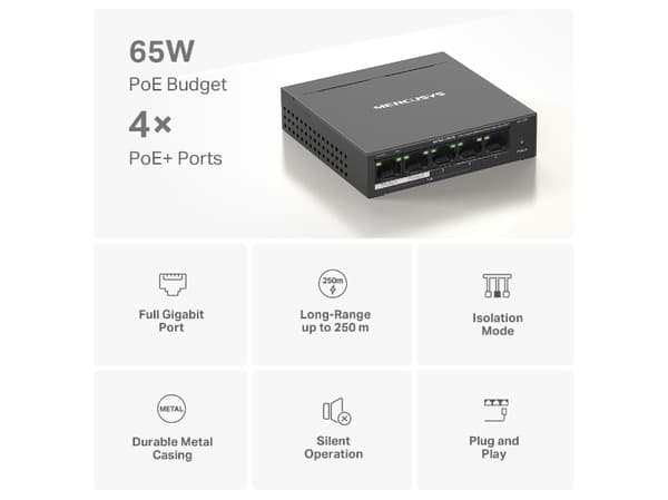 Mercusys MS105GP, Gigabit Ethernet (10/100/1000), Full duplex, Strömförsörjning via Ethernet (PoE) stöd, Monteringsbar på väggen