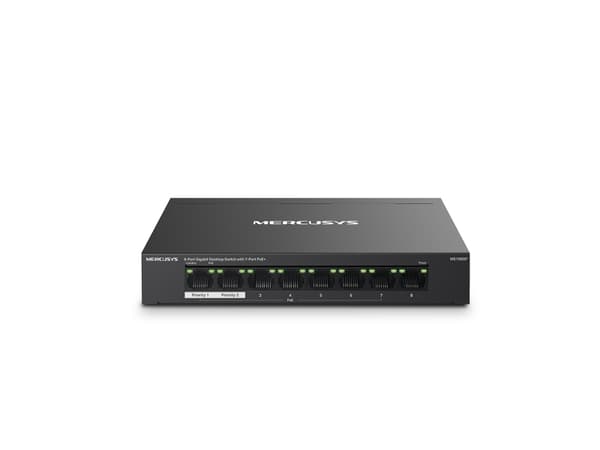 Mercusys MS108GP, Håndtert, Gigabit Ethernet (10/100/1000), Full tosidig, Strøm over Ethernet (PoE), Kan monteres på vegg Sort