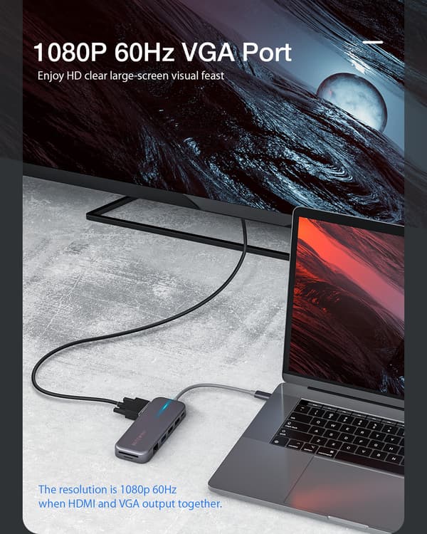 11-in-1 USB-C Data Hub kahdella 4K@30Hz HDMI-portilla 1080P 60Hz VGA-portti USB3.0 USB2.0 1000 Mbps RJ45 LAN SD TF -korttipaikat Jopa 100 W Type-C PD-