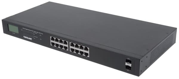 Intellinet Gigabit Ethernet PoE+-switch med 2 SFP-porte og LCD-skærm - Switch - Uadministreret - 16 x 10/100/1000 (PoE+) + 2 x Gigabit SFP - Desktop, Sort