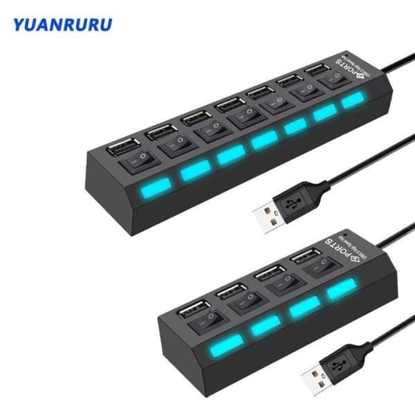 7 Port Black - USB 2.0 Hub 7 Port USB Hub, Splitter, Multiple Expander, USB Adapter med Switch