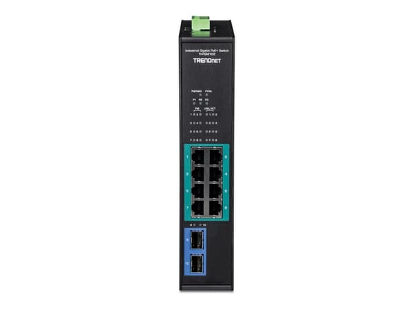 TRENDnet TI-PGM102 - Switch - industriell - 8 x 10/100/1000 (PoE+) + 2 x Gigabit SFP - DIN-skenmonterbar, väggmonterbar - PoE+ (240 W) - TAA-kompatib