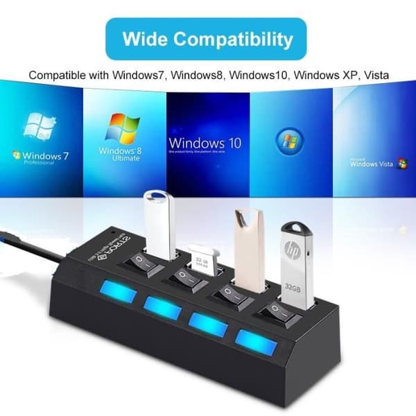 Black 7 Port 2.0 - Multi USB HUB 2.0 Splitter, Multipel USB 2 HUB-förlängning utan strömadapter