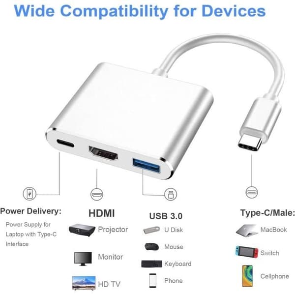4K USB C till HDMI-adapter, EAERR Typ C HDMI Hub-adapter med USB 3.0 digitalomvandlare, USB C-laddarport [1320]