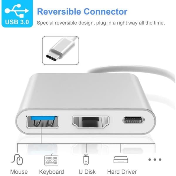 4K USB C till HDMI Adapter, Typ C Hub till HDMI Adapter Converter med USB 3.0-port och USB C-laddningsport kompatibel
