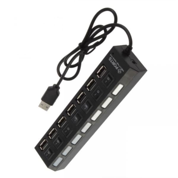 USB 2.0-hub - Adapter - 7 portar - Ström På/Av - Röd LED - Halvtransparent