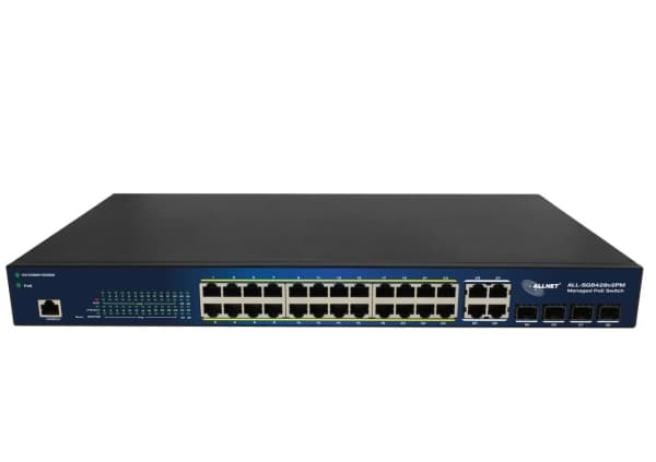 ALLNET ALL-SG8428V2PM, Håndtert, L2, Gigabit Ethernet (10/100/1000), Full tosidig, Strøm over Ethernet (PoE), Rack-montering Sort