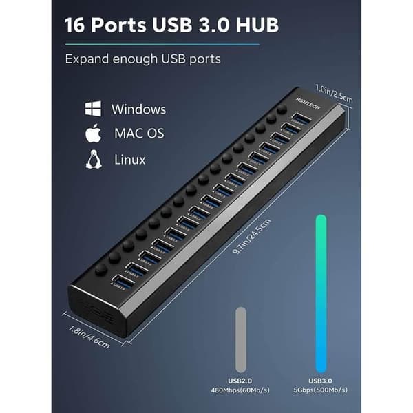 USB 3.0-hubb - RSHTECH - Aluminium - 16 portar - 100 W strömförsörjning - Hastighet 5 Gbps