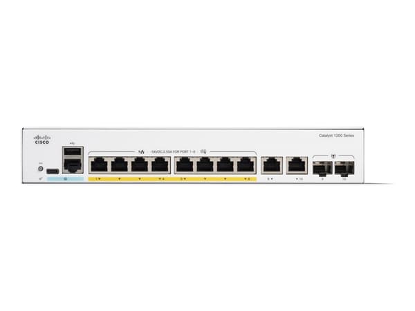Cisco Catalyst 1200-8P-E-2G - Switch - L3 - smart - 8 x 10/100/1000 (PoE+) + 2 x combo Gigabit SFP/RJ-45 - rackmonterbar - PoE+ (67 W)
