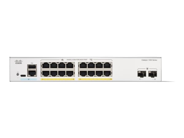 Cisco Catalyst 1300-16P-2G - Switch - L3 - Styrt - 16 x 10/100/1000 (PoE+) + 2 x Gigabit SFP - rackmonterbar - PoE+ (120 W)