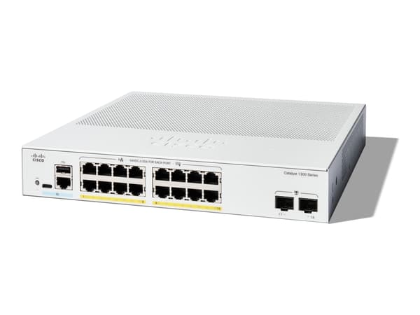 Cisco Catalyst 1300-16P-2G - Switch - L3 - Styrt - 16 x 10/100/1000 (PoE+) + 2 x Gigabit SFP - rackmonterbar - PoE+ (120 W) Hvit