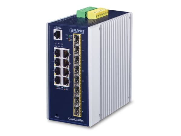 PLANET IP30 Industrial L3 8-Port, hanterad, L3, Gigabit Ethernet (10/100/1000), Full duplex, Monteringsbar på väggen Blå, Vit