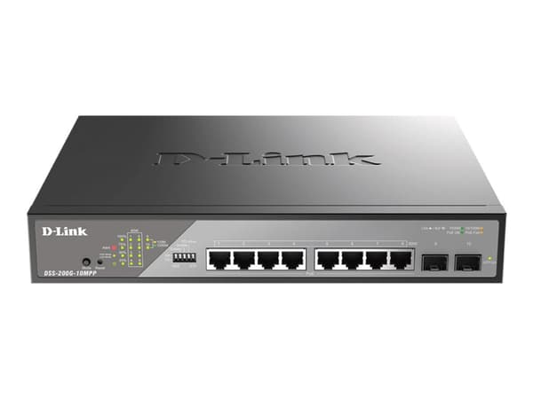 D-Link DSS 200G-10MPP - Switch - Styrt - 8 x 10/100/1000 (PoE++) + 2 x Gigabit SFP - rackmonterbar - PoE++ (242 W)
