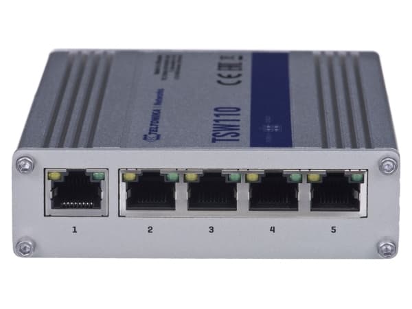Teltonika TSW110 - Switch - ikke-styrt - 5 x 10/100/1000 - DIN-skinnemonterbar, overflatemonterbar - Passive PoE - DC-strøm