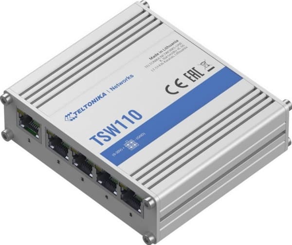 Teltonika TSW110 - Switch - ikke-styrt - 5 x 10/100/1000 - DIN-skinnemonterbar, overflatemonterbar - Passive PoE - DC-strøm