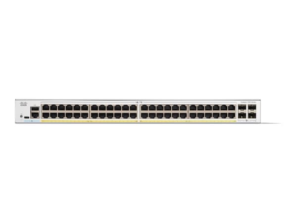Cisco Catalyst 1200-48P-4G - Switch - L3 - smart - 48 x 10/100/1000 (PoE+) + 4 x Gigabit SFP - rackmonterbar - PoE+ (375 W) Vit