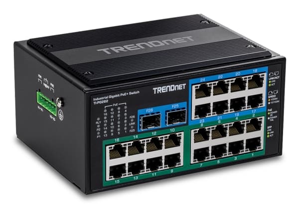 TRENDnet - Hardened Industrial - switch - 16 x 10/100/1000 (PoE+) + 8 x 10/100/1000 + 2 x 100/1000 SFP - DIN-skinnemonterbar - PoE+ (480 W) - TAA-sam