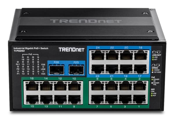 TRENDnet - Hardened Industrial - switch - 16 x 10/100/1000 (PoE+) + 8 x 10/100/1000 + 2 x 100/1000 SFP - DIN-skinnemonterbar - PoE+ (480 W) - TAA-sam