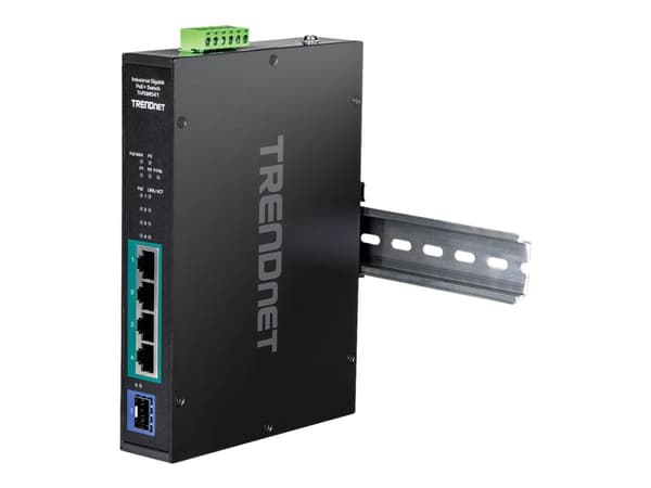 TRENDnet TI-PGM541 - Switch - -20° - 65°C (-4° - 149°F) - 4 x 10/100/1000 (PoE+) + 1 x Gigabit SFP - DIN-skinnemonterbar, veggmonterbar - PoE+ (120 W