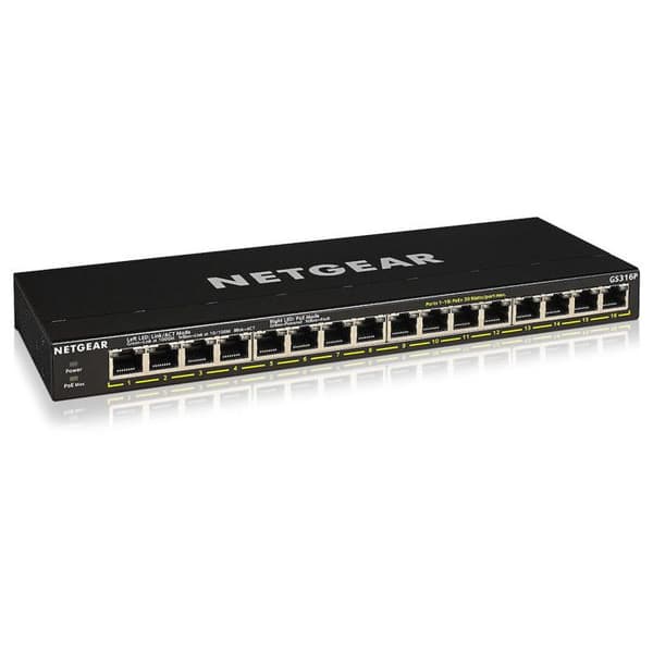 Switch Ethernet - NETGEAR - GS316P - 16 portar RJ45 - PoE+ - Ohanterad Svart