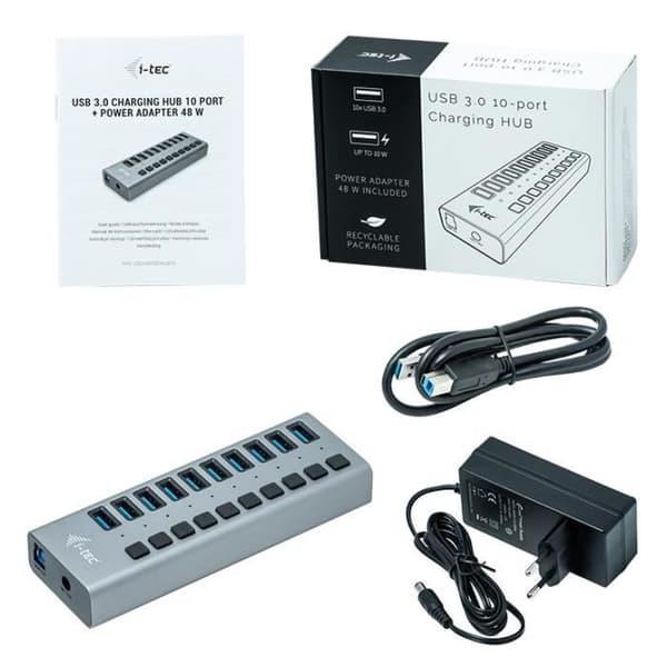 USB 3.0 Hub - I-TEC - Ström med 10 USB 3.0-portar och 48W strömadapter