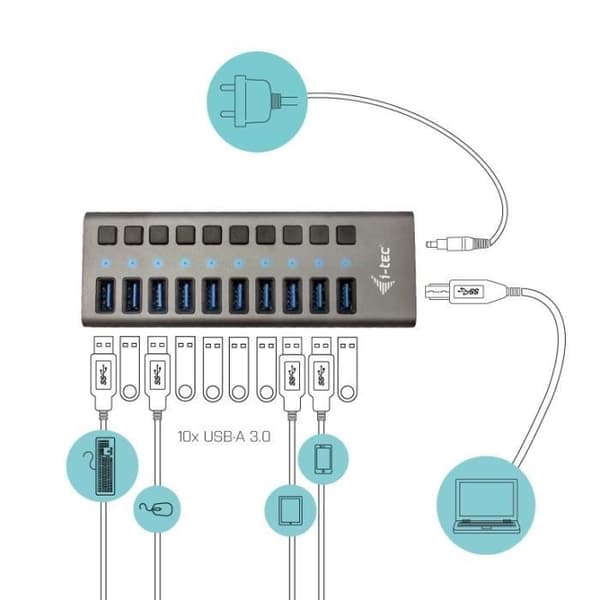 USB 3.0 Hub - I-TEC - Ström med 10 USB 3.0-portar och 48W strömadapter
