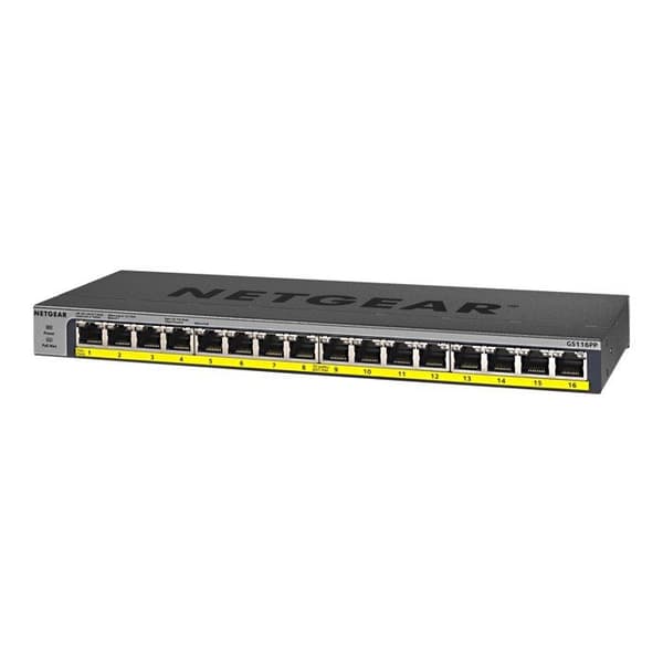 Commutator - NETGEAR - GS116LP - 16 Gigabit-portar - PoE+ 76W - Rackbar och väggmonterad
