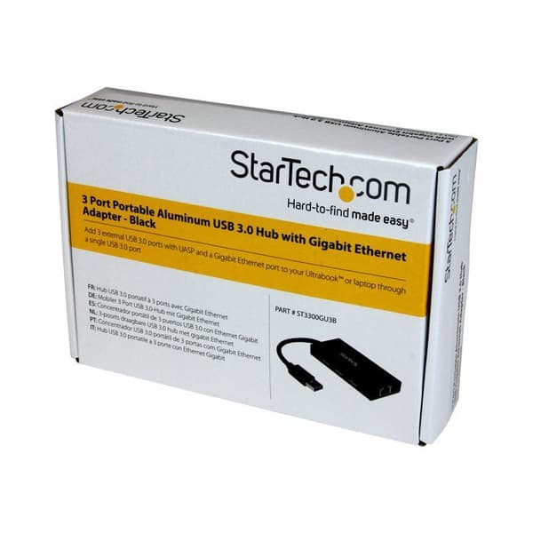STARTECH 3-ports USB 3.0 Hub med Gigabit Ethernet-adapter och integrerad kabel - Bärbar USB 3.0 Hub - Aluminium Svart