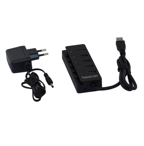 HUB extern SPACER, porturi USB: USB 3.0 x 4, Port USB Quick Charge x 1, conectare prin USB 3.0, Alimentare retea 220V,negru, "SPH-4USB30-1QC" (timbru