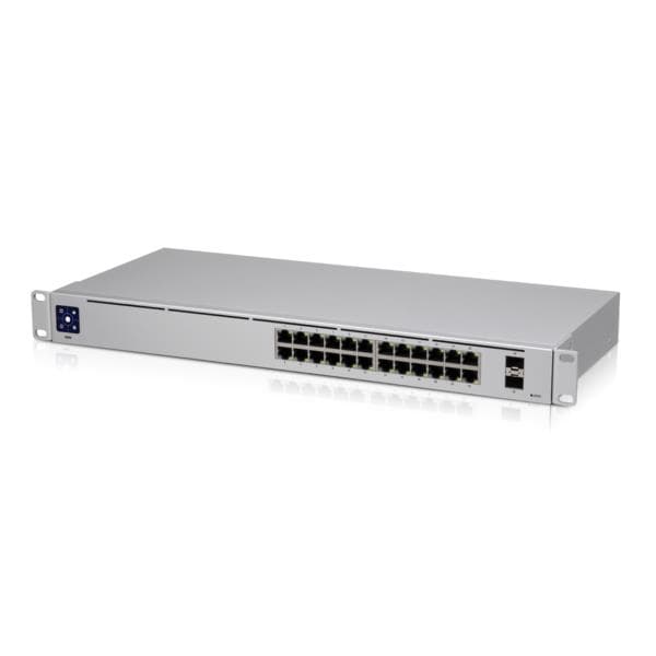 Ubiquiti UniFi Switch 24 is a fully managed Layer 2 switch with (24) Gigabit Ethernet ports and (2) Gigabit SFP ports for fiber connectivity Sølv