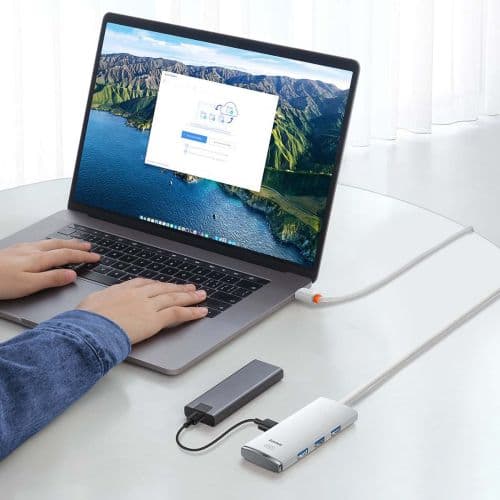 HUB extern Baseus Lite, porturi USB: USB 3.0 x 4, conectare prin USB Type-C, lungime 1m, alb, "WKQX030402" (timbru verde 0.8 lei) - 6932172606275