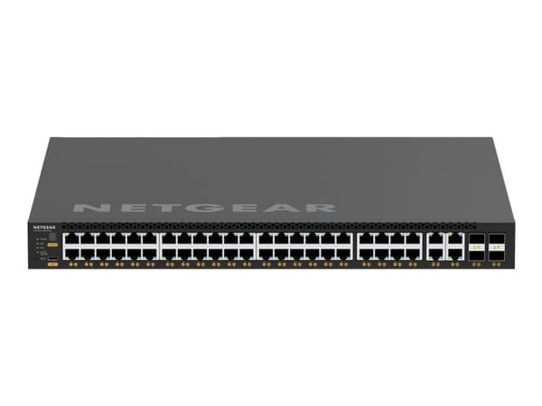 NETGEAR M4350-44M4X4V - Switch - L3 - Styrt - 44 x 100/1000/2.5G (PoE++) + 4 x 100/1000/2.5/5/10G (PoE++) + 4 x 25 Gigabit SFP28 - front til bakside- Sort