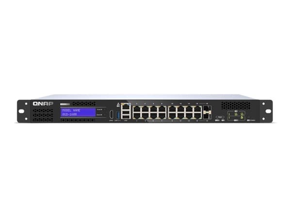 QNAP QGD-1600 - Switch - smart - 4 x 10/100/1000 (PoE++) + 10 x 10/100/1000 (PoE+) + 2 x Gigabit SFP (PoE+)-kombinasjon - rackmonterbar - AC Sort, Grå