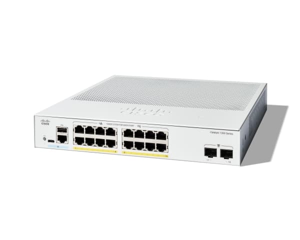 Cisco Catalyst 1300-16FP-2G - Switch - L3 - Administrerad - 16 x 10/100/1000 (PoE+) + 2 x Gigabit Ethernet SFP - rackmonterbar - PoE+ (240 W)