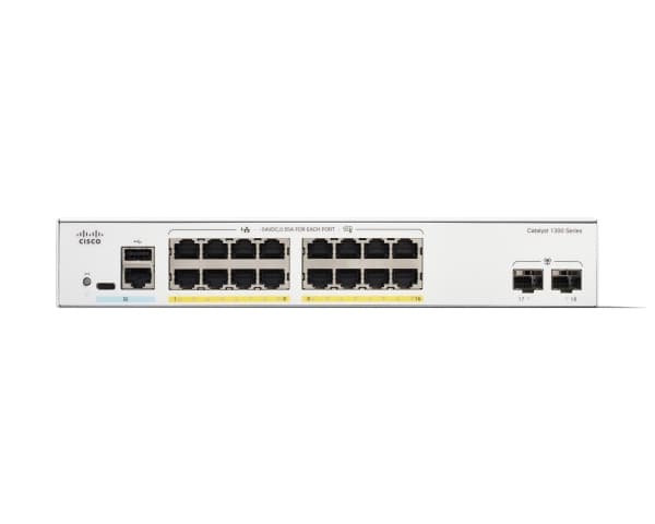 Cisco Catalyst 1300-16FP-2G - Switch - L3 - Administrerad - 16 x 10/100/1000 (PoE+) + 2 x Gigabit Ethernet SFP - rackmonterbar - PoE+ (240 W)