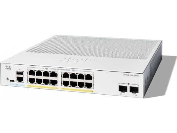 Cisco Catalyst 1300-16FP-2G - Switch - L3 - Administrerad - 16 x 10/100/1000 (PoE+) + 2 x Gigabit Ethernet SFP - rackmonterbar - PoE+ (240 W)