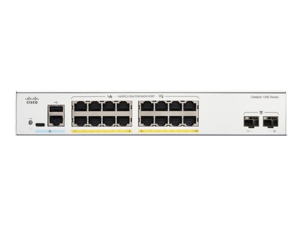 Cisco Catalyst 1300-16FP-2G - Switch - L3 - Administrerad - 16 x 10/100/1000 (PoE+) + 2 x Gigabit Ethernet SFP - rackmonterbar - PoE+ (240 W)
